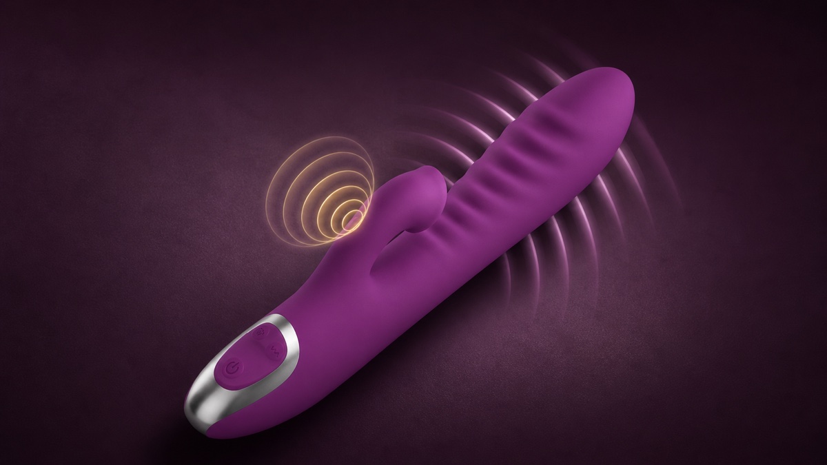 Miavelle Bloom showing focused air-pulse rings at the suction mouth and broader vibration waves across the ridged shaft