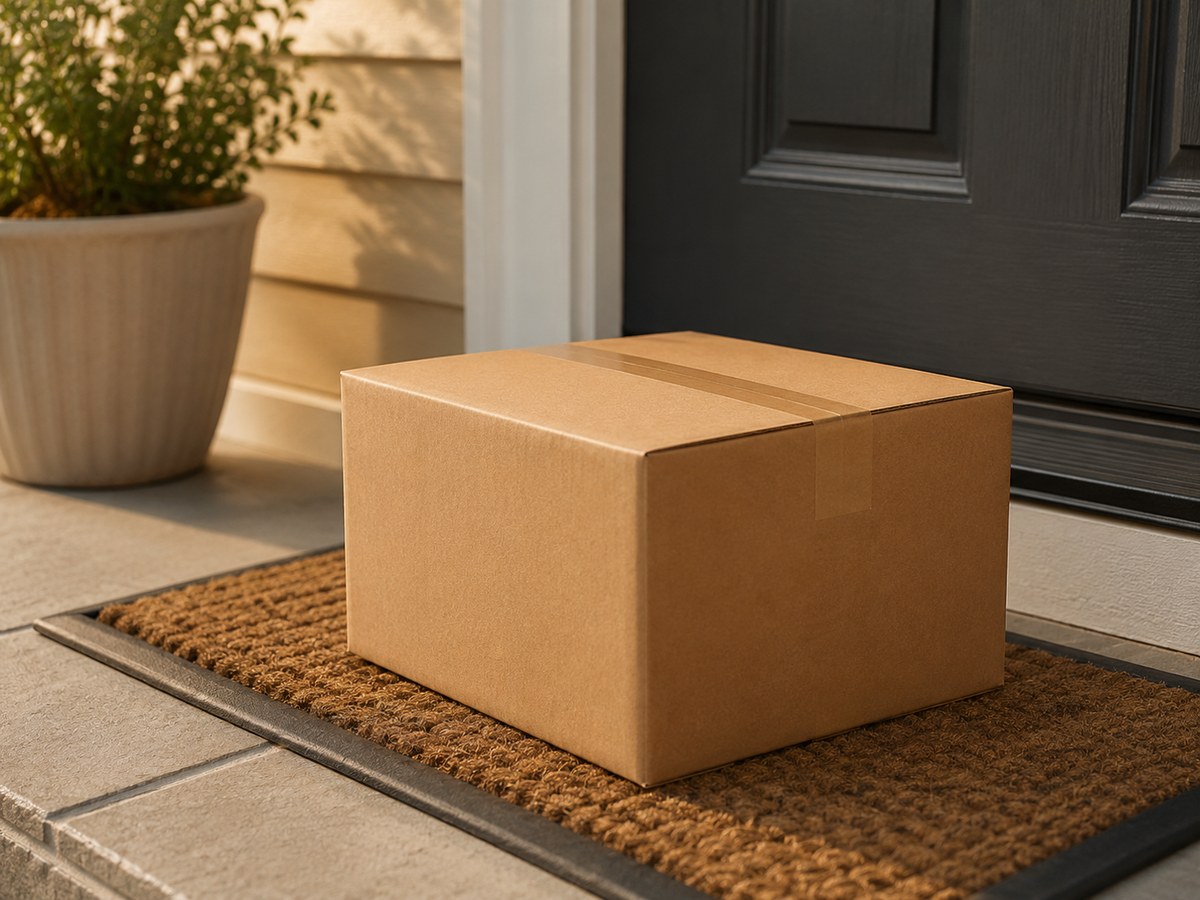 Plain unmarked cardboard shipping box on a doorstep — no labels, no branding